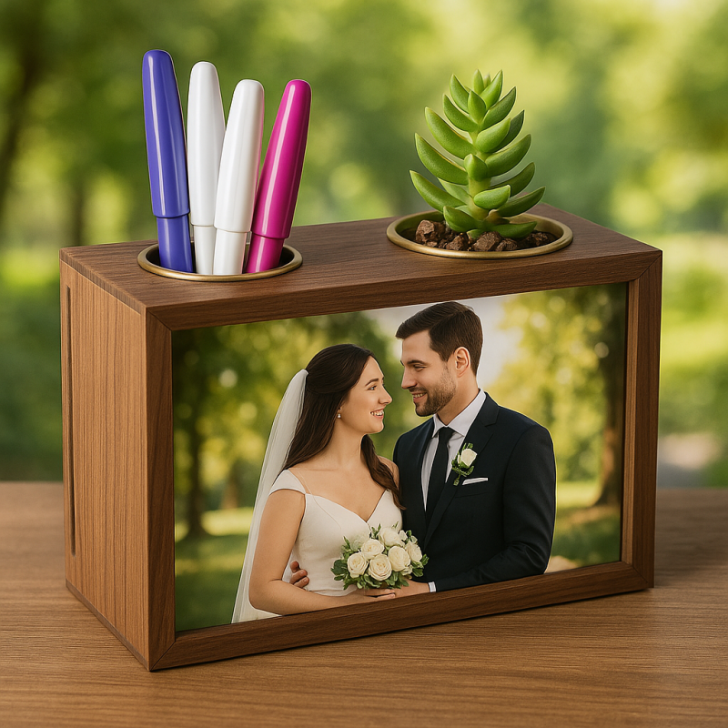Ahşap Çift Taraflı Kalemlikli Fotoğraf Çerçevesi – 10x15 cm Cam Korumalı, Masaüstü Dekoratif Çerçeve