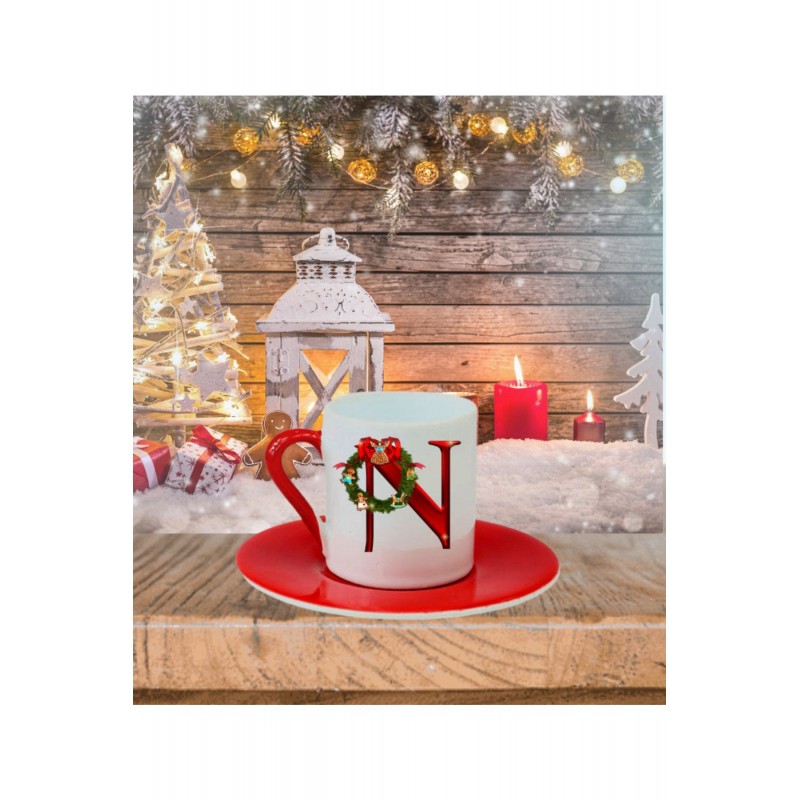 Yılbaşı Noel Baskılı Kişiye Özel Harf Türk Kahvesi Fincanı